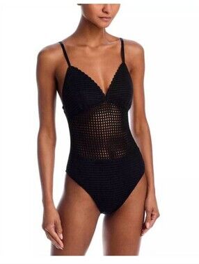 Kobi Halperin Everleigh Black Crochet One-Piece Swimsuit with Scallop Trim